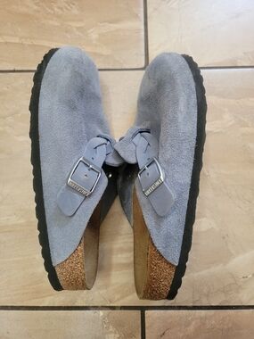Birkenstock X Staud Light Blue Suede Clog Mules with Buckle